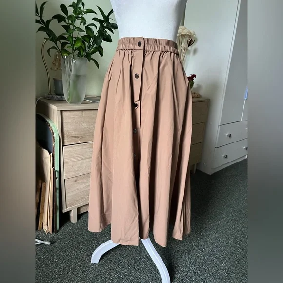 ZARA Tan Camel Khaki Button Down Elastic High-Waist Asymmetrical Midi Maxi Skirt - Picture 4 of 16